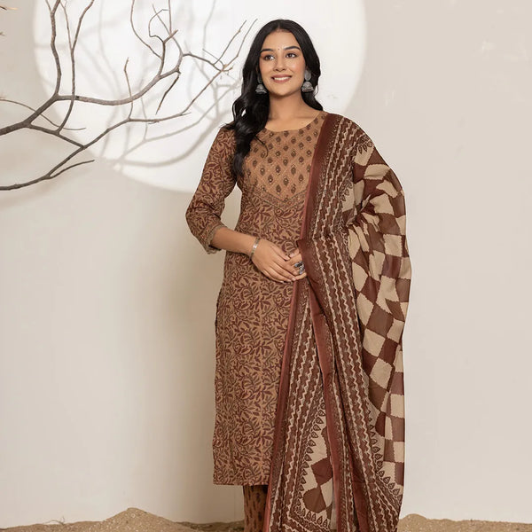 Yufta Brown Leaf Print Cotton Straight Kurta Dupatta Set - Distacart