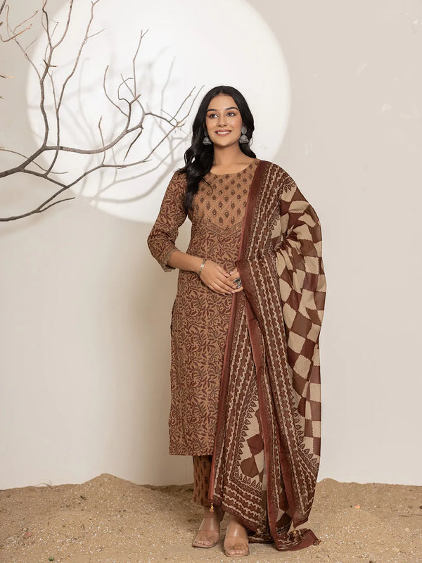 Yufta Brown Leaf Print Cotton Straight Kurta Dupatta Set