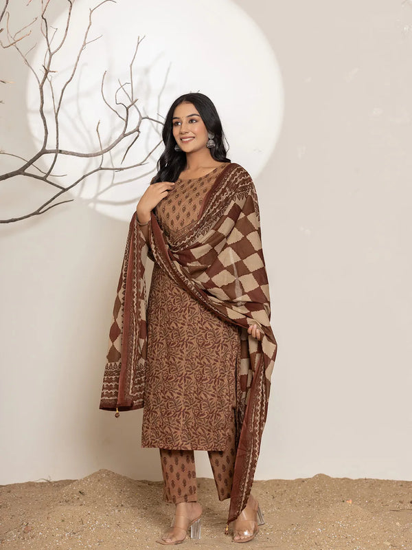 Yufta Brown Leaf Print Cotton Straight Kurta Dupatta Set