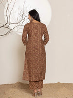 Thumbnail for Yufta Brown Leaf Print Cotton Straight Kurta Dupatta Set
