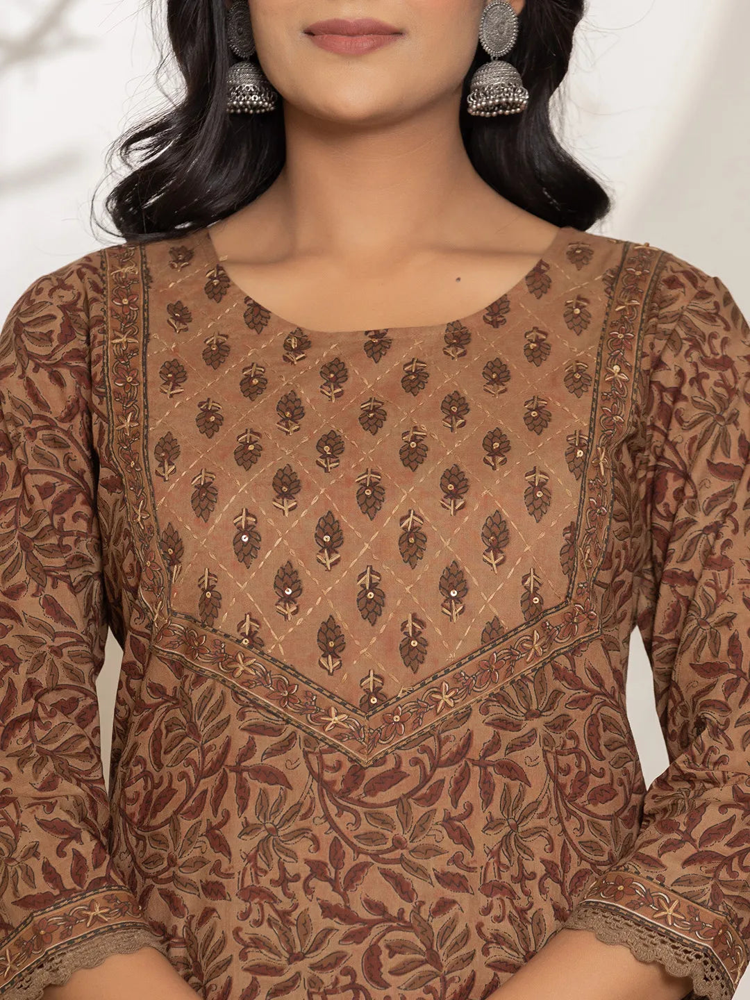 Yufta Brown Leaf Print Cotton Straight Kurta Dupatta Set