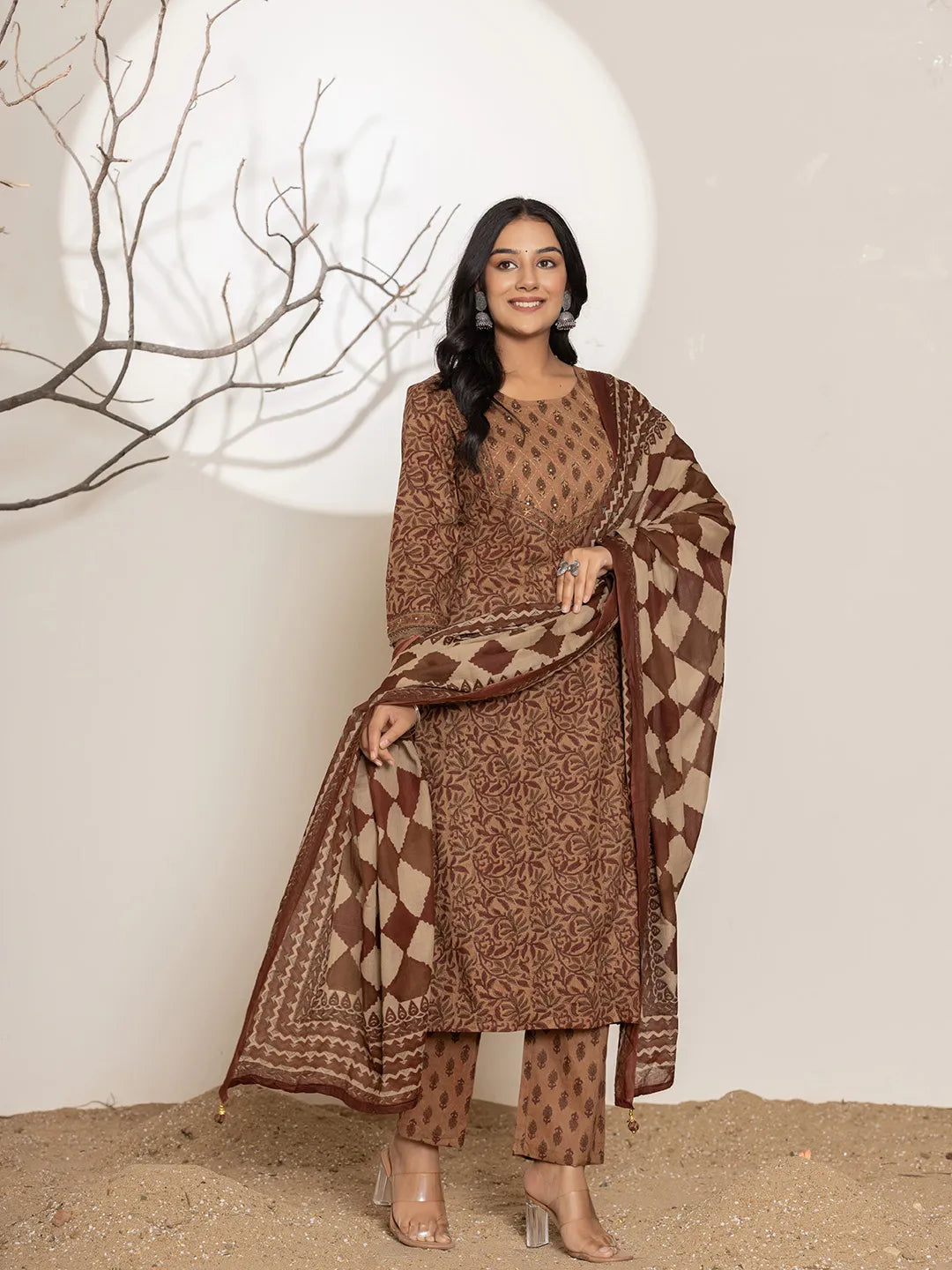 Yufta Brown Leaf Print Cotton Straight Kurta Dupatta Set