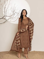 Thumbnail for Yufta Brown Leaf Print Cotton Straight Kurta Dupatta Set