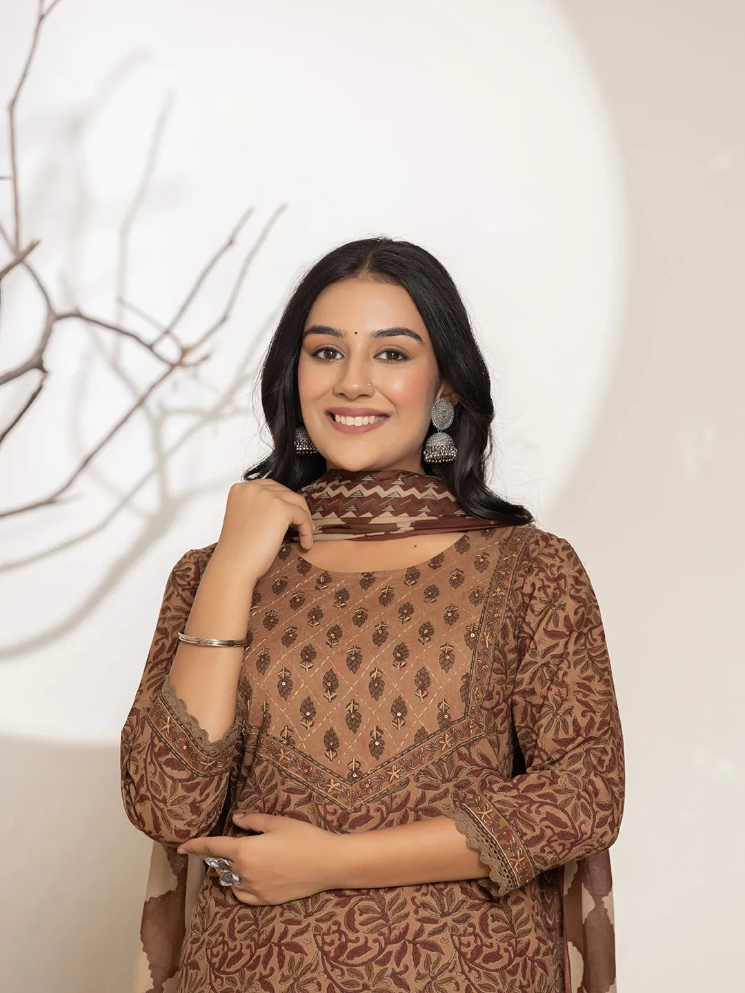Yufta Brown Leaf Print Cotton Straight Kurta Dupatta Set