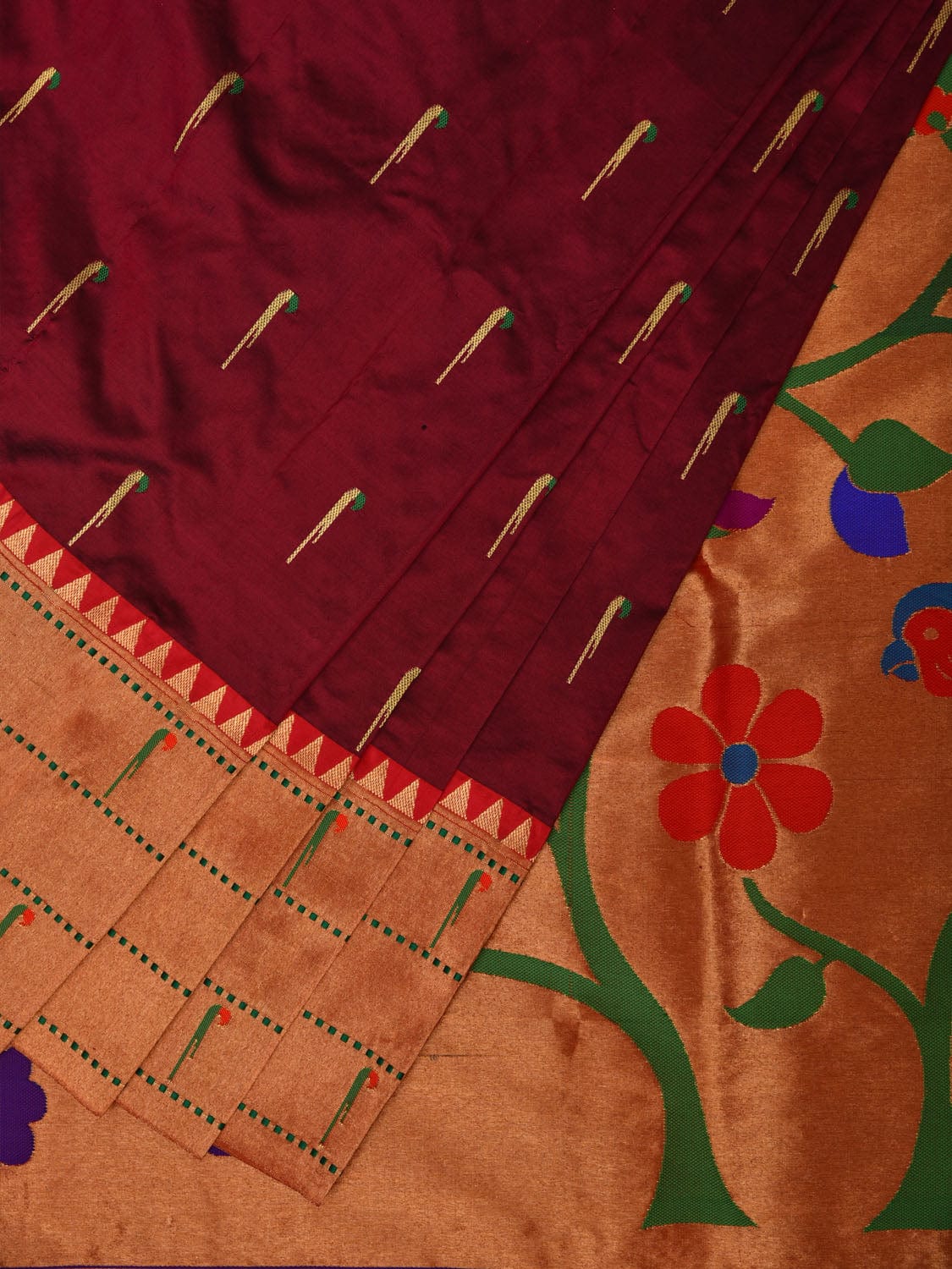 Brown Paithani Silk Handloom Saree with Triple Muniya Border and Pallu Design - Global Threads - Distacart