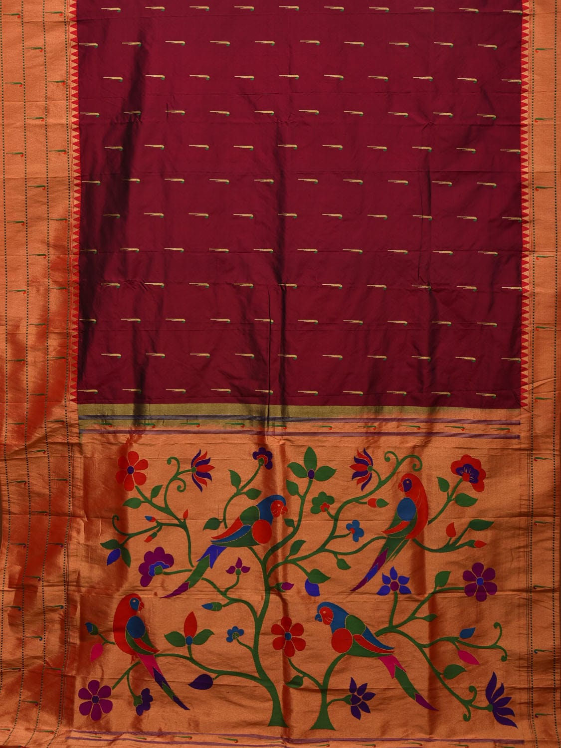Brown Paithani Silk Handloom Saree with Triple Muniya Border and Pallu Design - Global Threads - Distacart