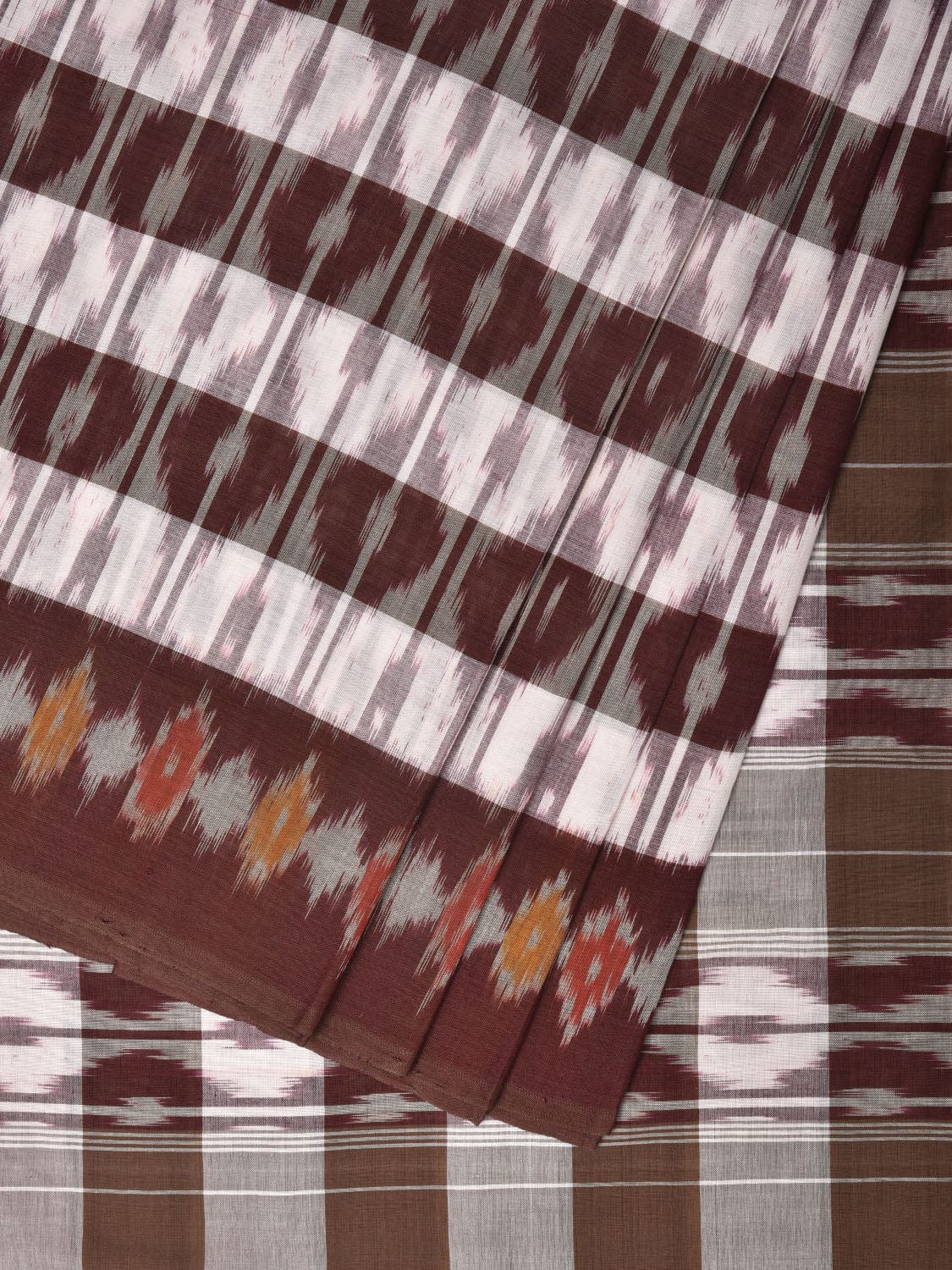 Brown Pochampally Ikat Cotton Handloom Saree with Strips Design No Blouse - Global Threads - Distacart