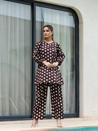 Yufta Brown Polka Dot Print Top And Trouser Co Ord Set