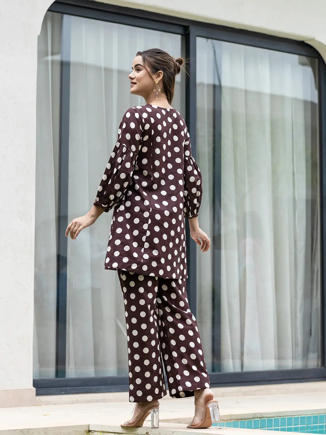 Yufta Brown Polka Dot Print Top And Trouser Co Ord Set