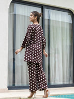 Thumbnail for Yufta Brown Polka Dot Print Top And Trouser Co Ord Set