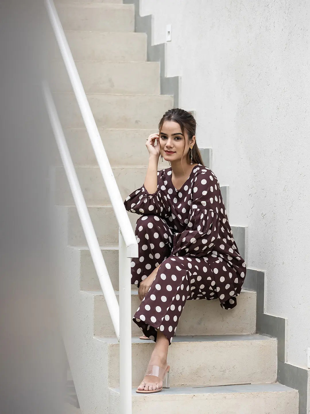Yufta Brown Polka Dot Print Top And Trouser Co Ord Set
