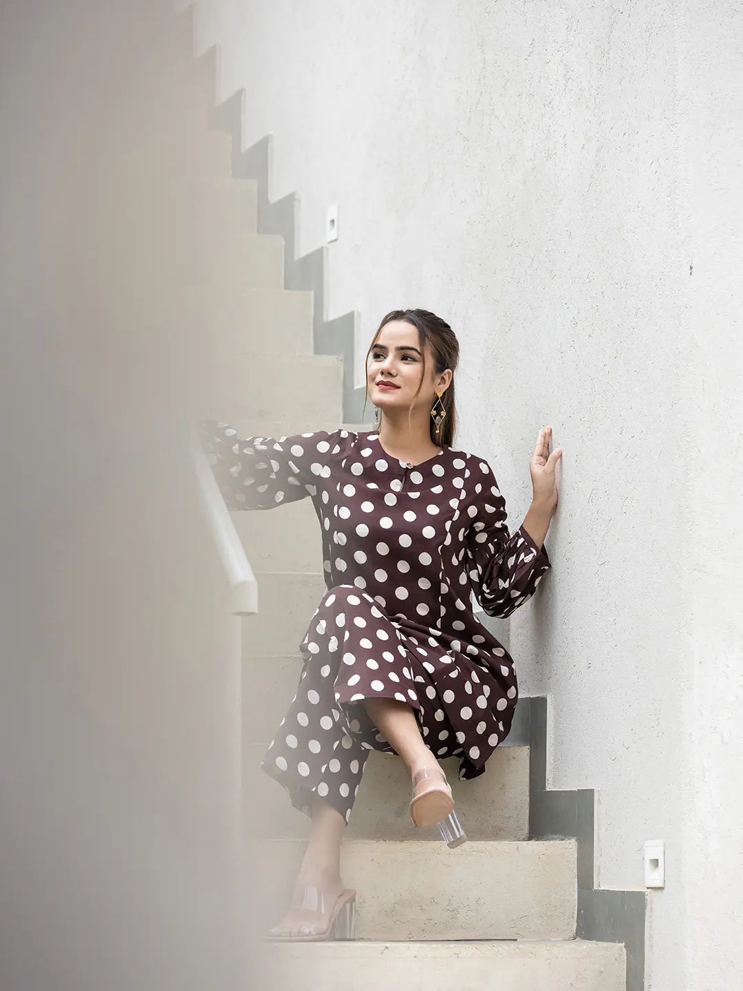 Yufta Brown Polka Dot Print Top And Trouser Co Ord Set