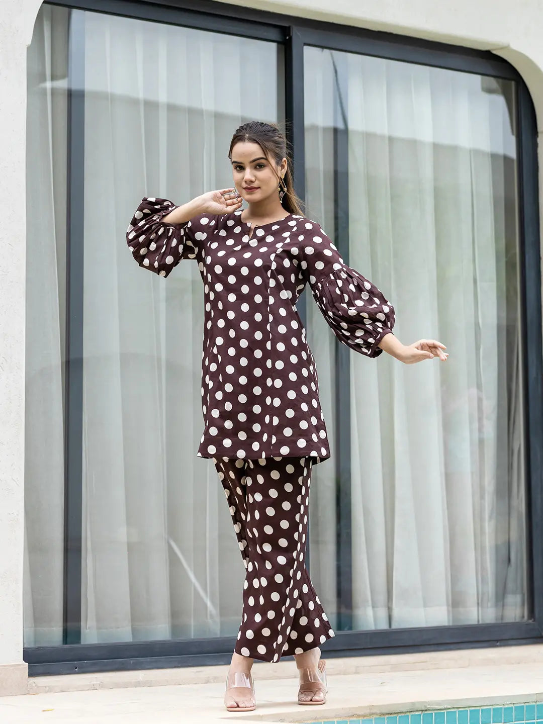 Yufta Brown Polka Dot Print Top And Trouser Co Ord Set