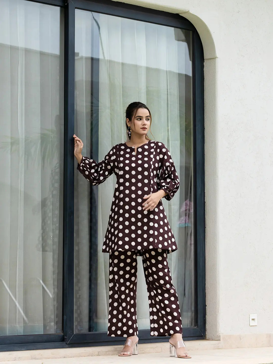 Yufta Brown Polka Dot Print Top And Trouser Co Ord Set
