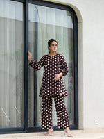 Thumbnail for Yufta Brown Polka Dot Print Top And Trouser Co Ord Set
