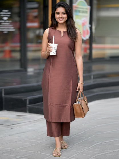 EGF Brown Rayon Straight Kurta With Pant - Dista