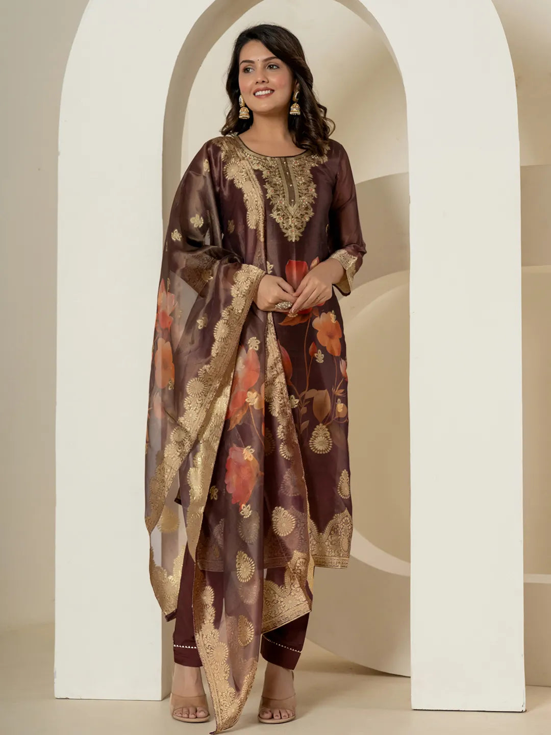 Yufta Brown Tissue Kurta Dupatta Pant Set - Distacart