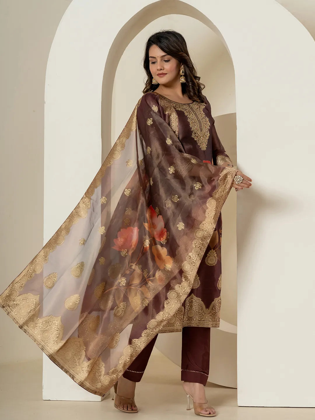Yufta Brown Tissue Kurta Dupatta Pant Set - Distacart