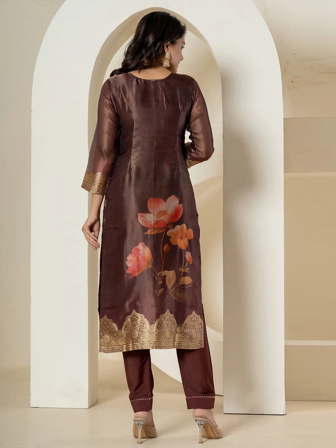 Yufta Brown Tissue Kurta Dupatta Pant Set