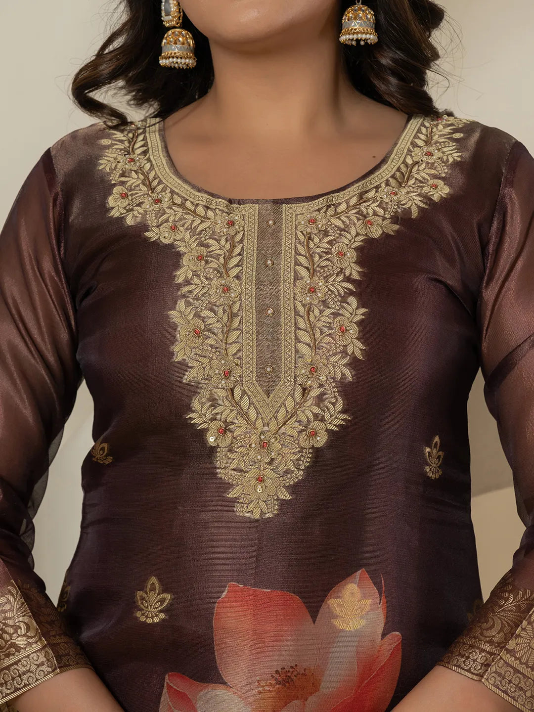 Yufta Brown Tissue Kurta Dupatta Pant Set