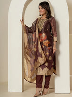 Thumbnail for Yufta Brown Tissue Kurta Dupatta Pant Set