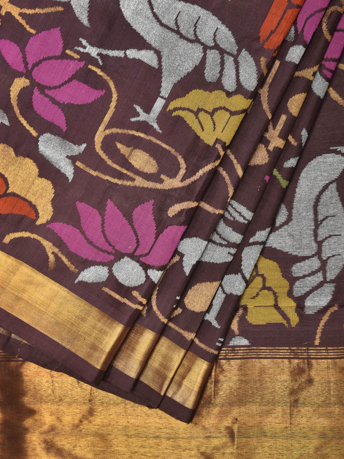 Brown Uppada Silk Handloom Saree with All Over Birds and Lotus Design - Global Threads - Distacart