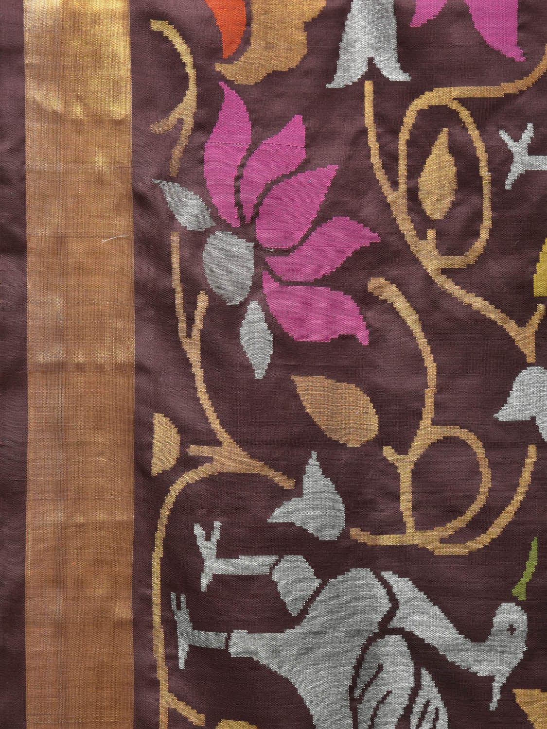 Brown Uppada Silk Handloom Saree with All Over Birds and Lotus Design - Global Threads - Distacart