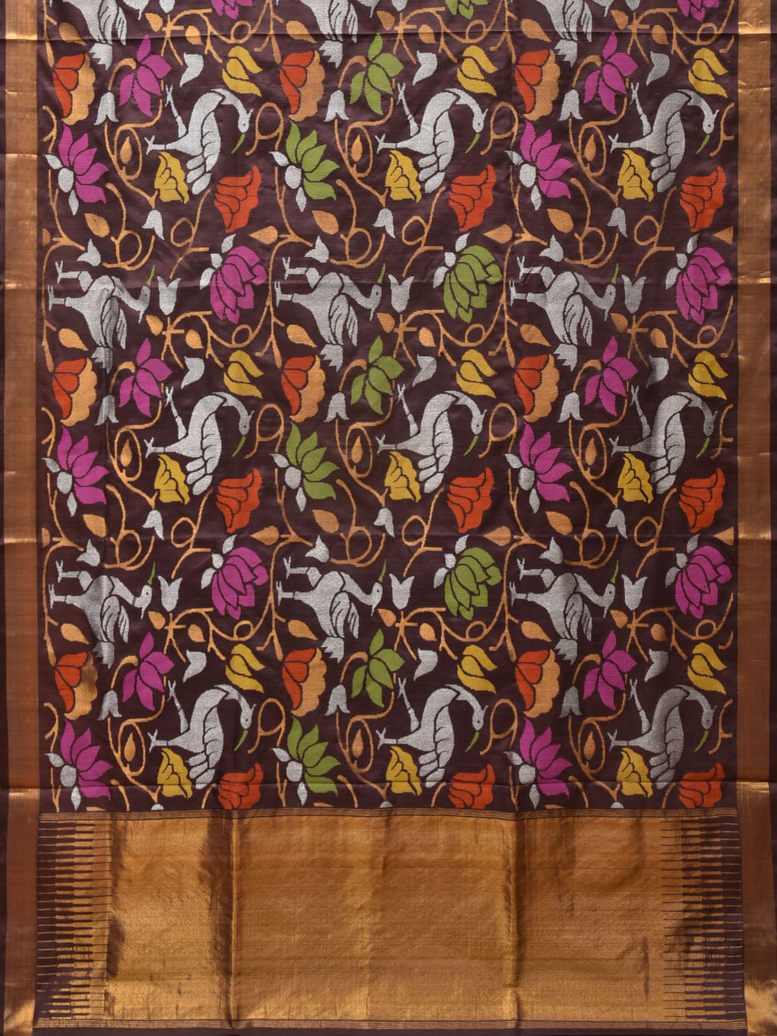 Brown Uppada Silk Handloom Saree with All Over Birds and Lotus Design - Global Threads - Distacart