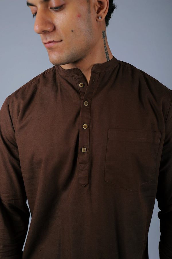 Bluebird Men's Short Kurta in Brown - 100% Pure Cotton