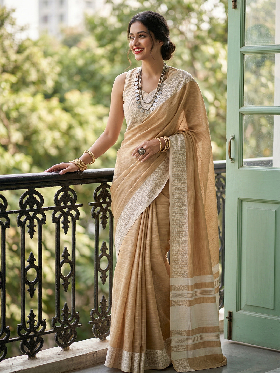 Anaita Brown Linen Zari Work Saree With Blouse - Dista