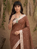 Thumbnail for Anaita Brown Linen Cotton Zari Work Saree With Blouse - Dista
