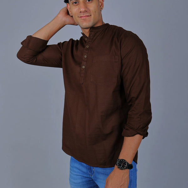 Bluebird Men's Short Kurta in Brown - 100% Pure Cotton - Distacart