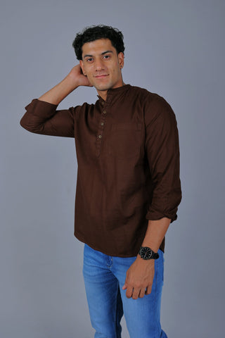 Bluebird Men's Short Kurta in Brown - 100% Pure Cotton - Distacart