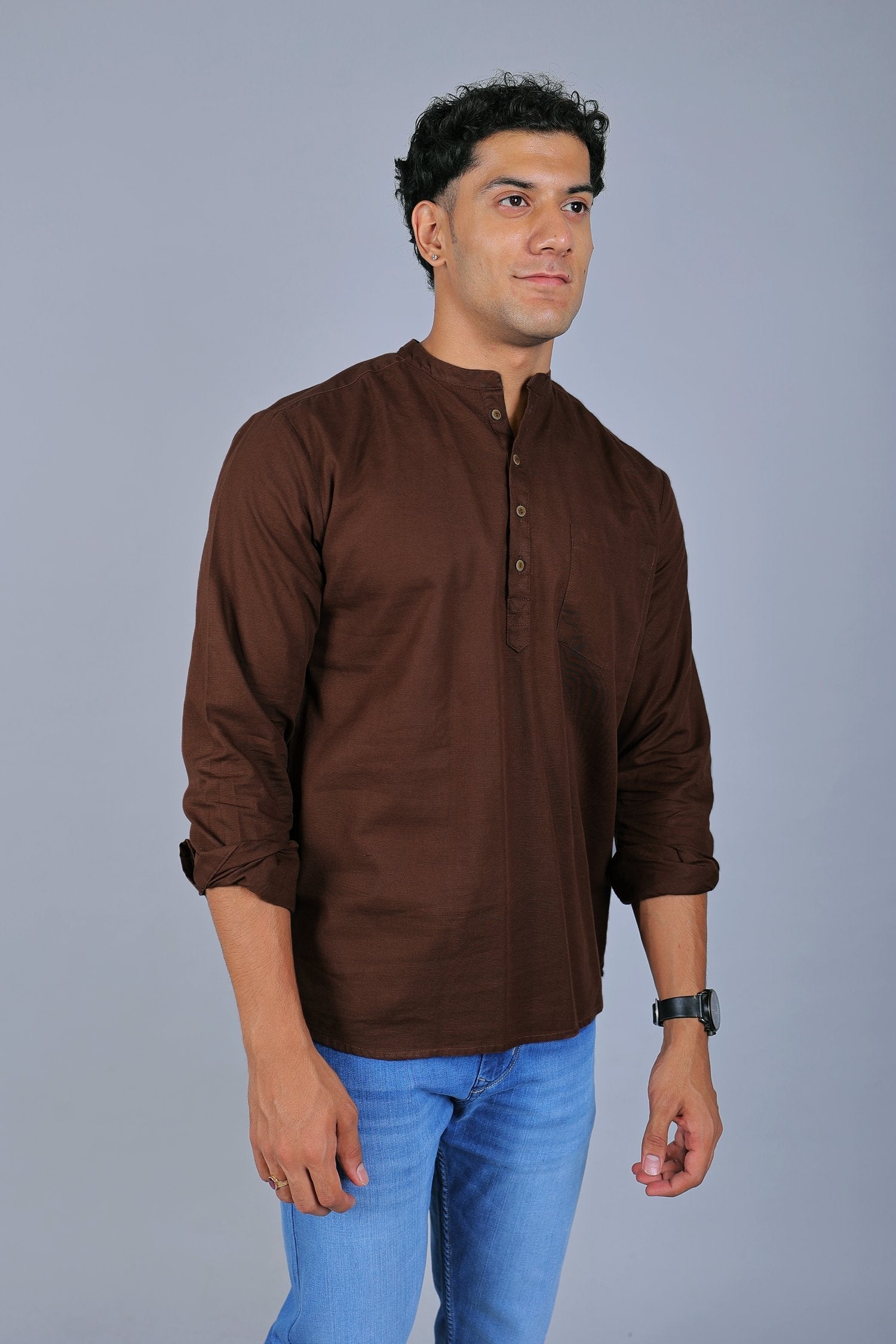 Bluebird Men's Short Kurta in Brown - 100% Pure Cotton