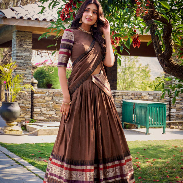 Evanik Women Pure Chanderi Plain With Zari Weaving Work Border Stitched Lehenga With Unstitched Blouse Dupatta(Up to 42)