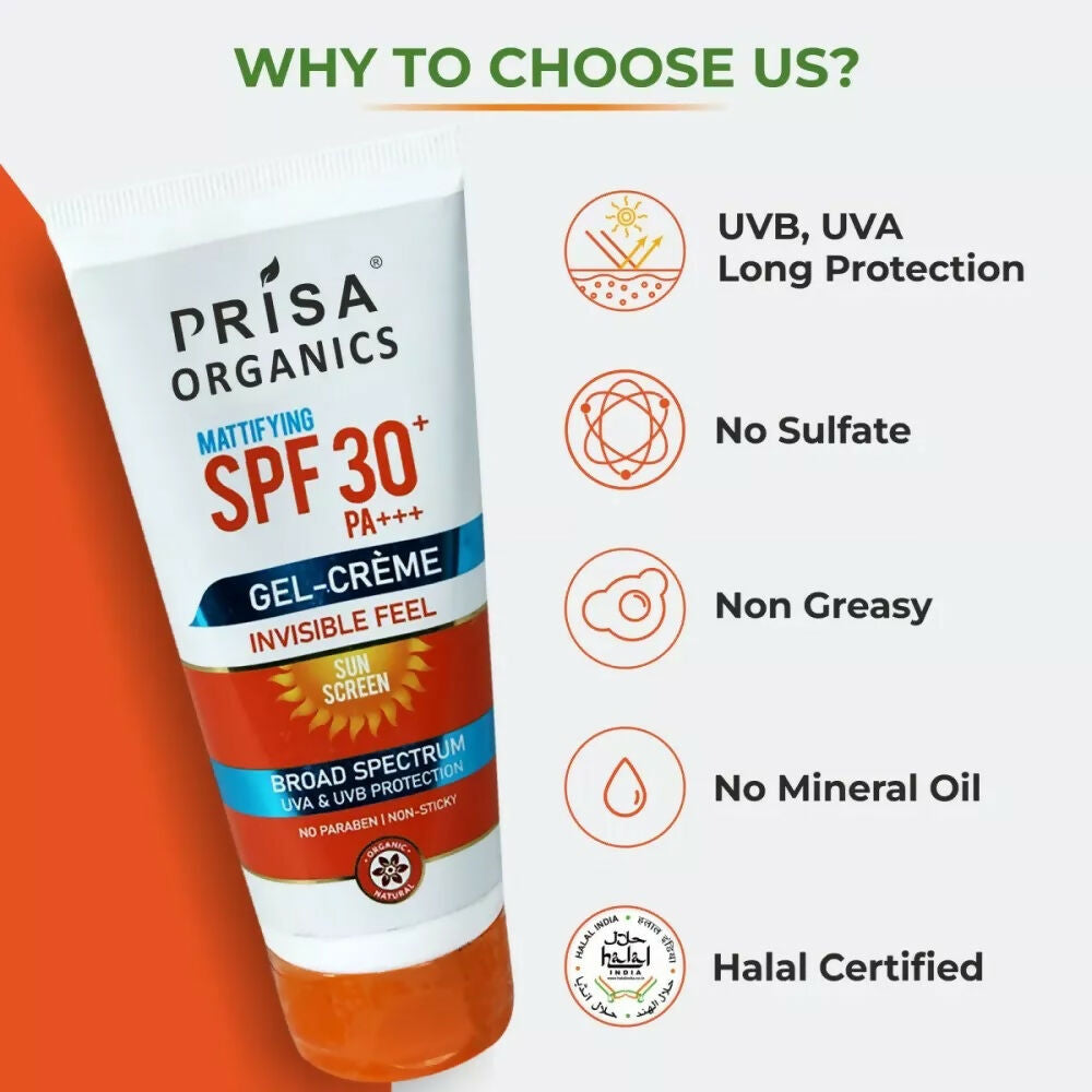 Prisa Organics Mattifying Sun Screen SPF 30 PA+++ Invisible Feel Gel Cream - Distacart