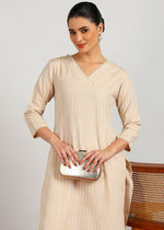 Thumbnail for Aavyora Women's Beige Woven Striped V-Neck Kurta