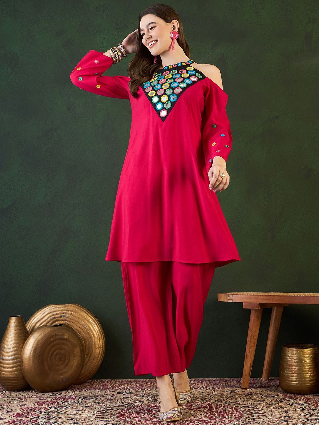 Sangria Embroidered Kurta, Palazzo With Bag Kurta Set - Distacart