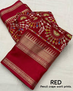 Thumbnail for Red Cotton Crepe Zari Woven Saree with Unstitched Blouse - Hiral Fashion - Distacart