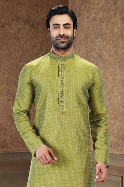 Raivat Ethnic Jacquard Art Silk Mirror and Thread Work Kurta Pajama In Green Colour - Distacart