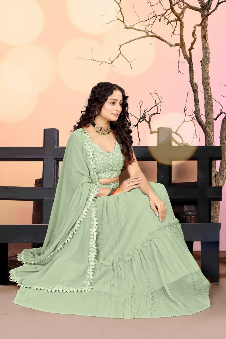 Jyoti Fashion Sea Green Two Tier Crush Georgette Lehenga Choli with Dupatta - Distacart