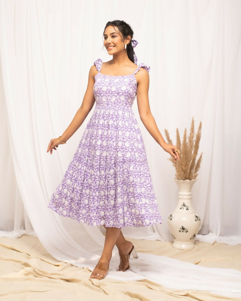 FIORRA Women's Lavender Cotton Floral Printed Dress - Distacart