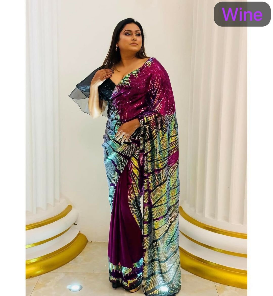 Arfa Fashion House Wine Georgette Sequince Saree - Distacart