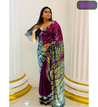 Arfa Fashion House Wine Georgette Sequince Saree - Distacart