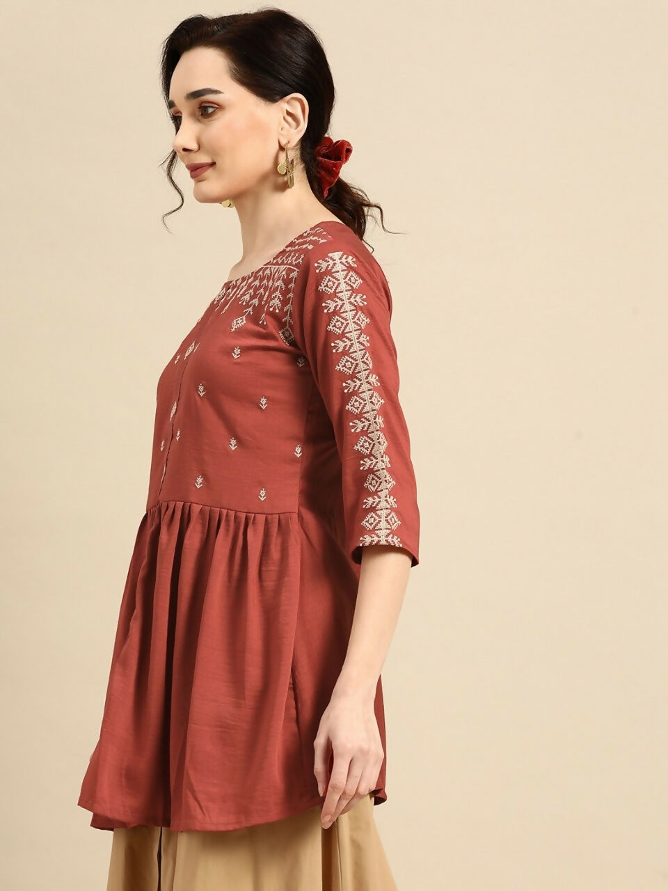 Women's Rust Viscose blend Embroidered Short Top - Marina - Distacart