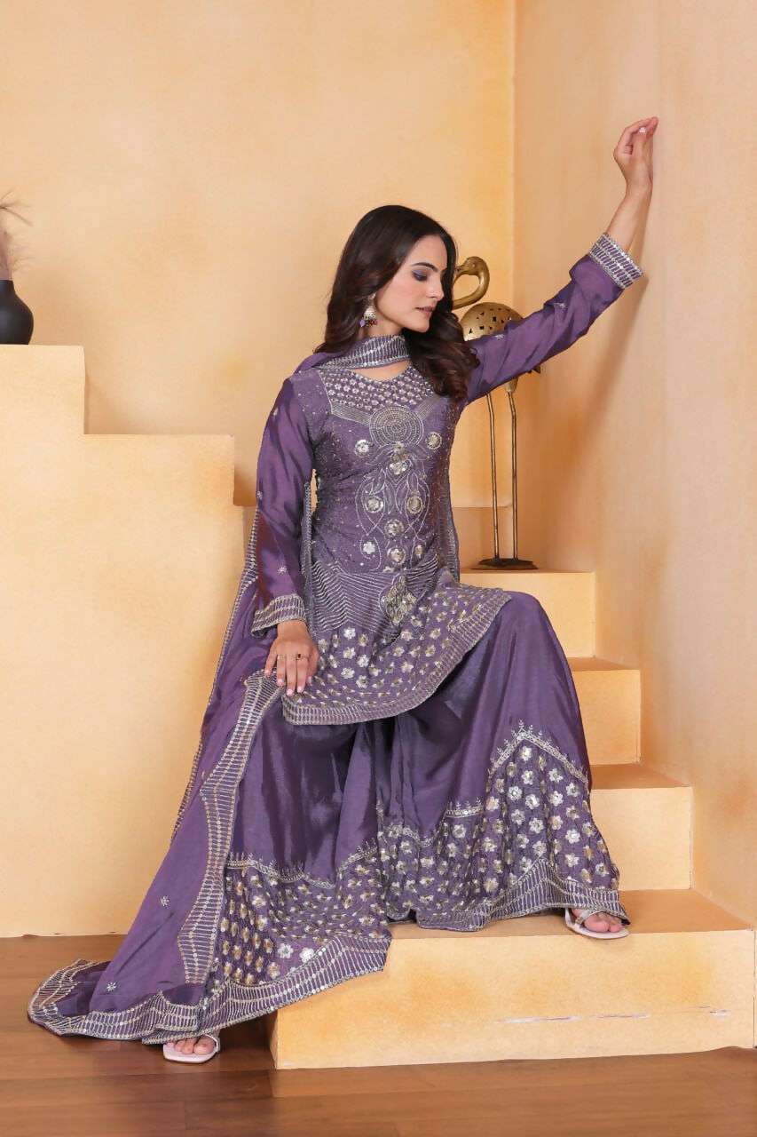 Joban Fashion Purple Silk Embroidered Sharara Set - Distacart