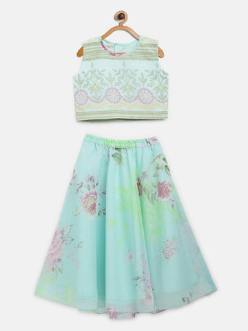 Ahalyaa Aqua Blue Organza Printed Lehenga Choli For Kids For Girls - Distacart