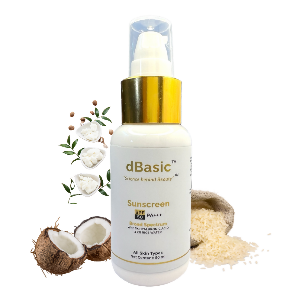 dBasic Sunscreen SPF50 PA+++ UVA/UVB, Blue Light Filter, Rice Water, Shea Butter & No White Cast - Distacart