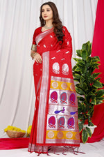 Thumbnail for Jyoti Fashion Women's Red Paithani Silk Zari Woven Saree with Blouse - Distacart