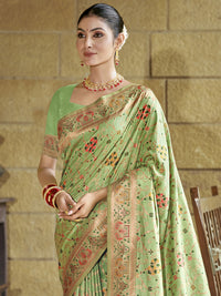 Thumbnail for Women Pista Green Silk Saree With Un Stitched Blouse - Aanika